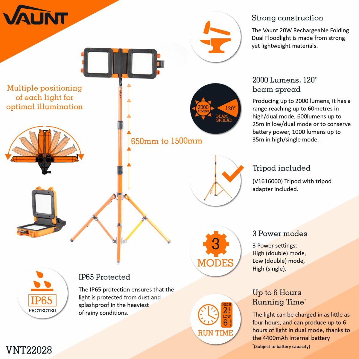 Vaunt 2 x 10W Cordless adjustable Duel Floodlight With Tripod (Pair) - Image 2