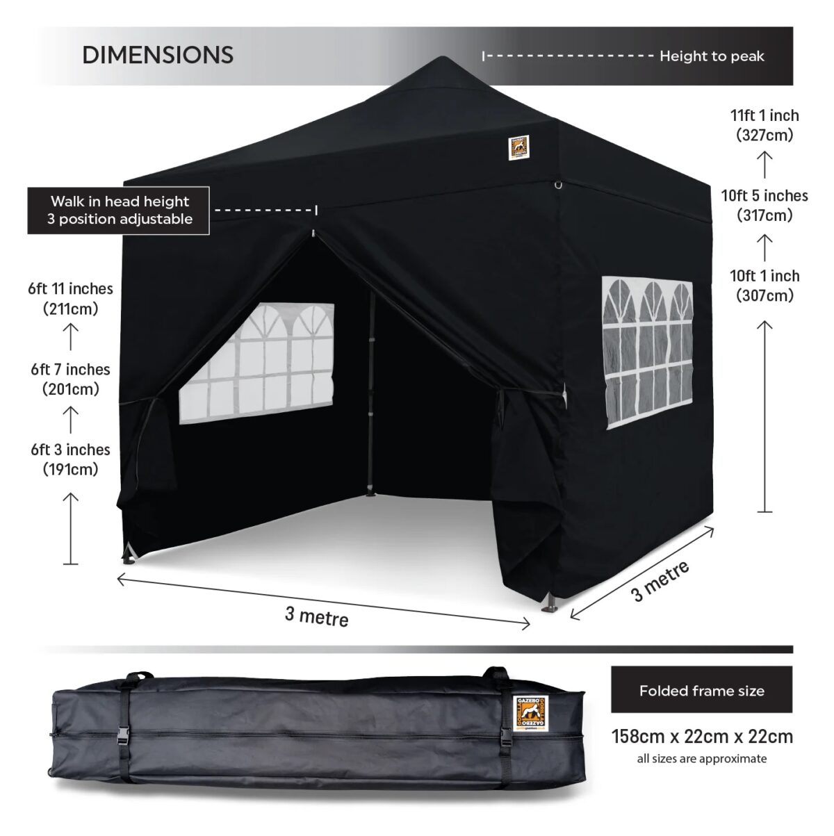 Gorilla Gazebo - 3m x 3m - Sides, Weights, Carrybag, Pegs & Ropes Inc - Image 3