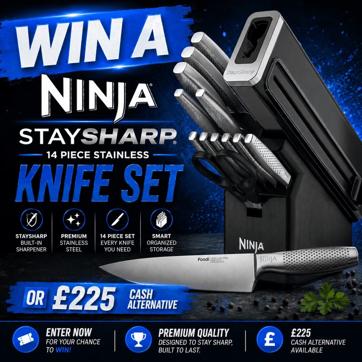 Staysharp Display Ninja StaySharp 14-Piece Stainless Knife Set, Wood Block & Built-In ...