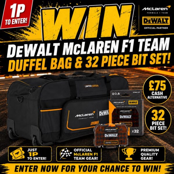 Auto Draw – Dewalt McLaren F1 Team Duffle Bag & 32pc Bit Set