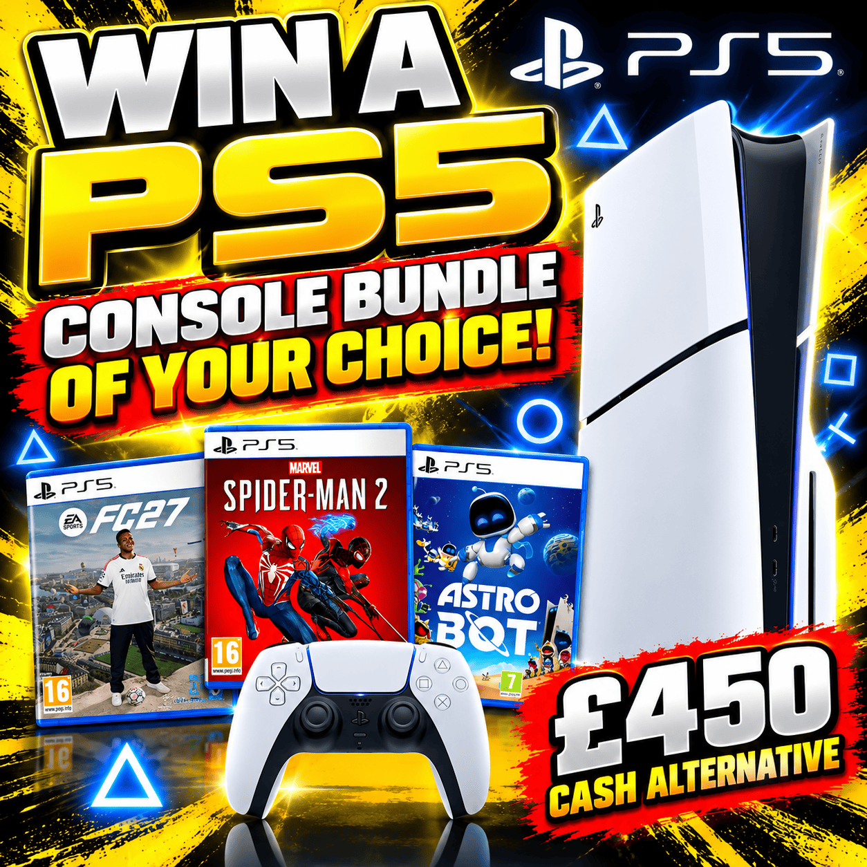 PlayStation 5 Console & EA SPORTS FC 27 or Marvel’s Spider-Man 2 or Astro Bot