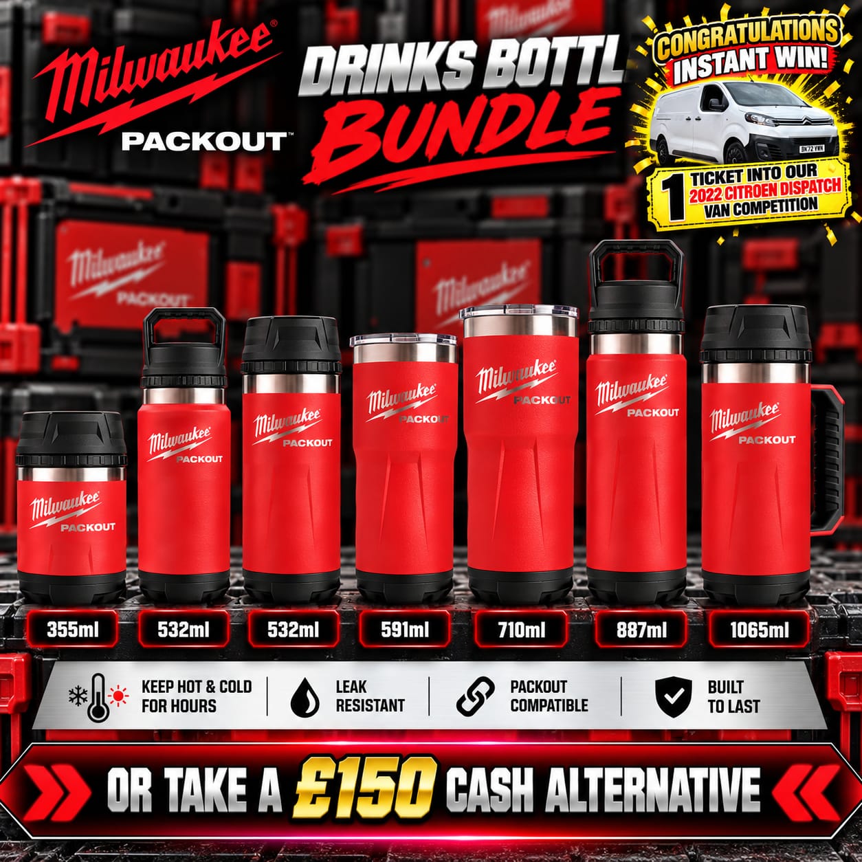 7pc Milwaukee Packout Drinks Bottle Bundle (+ Van Instant Wins)