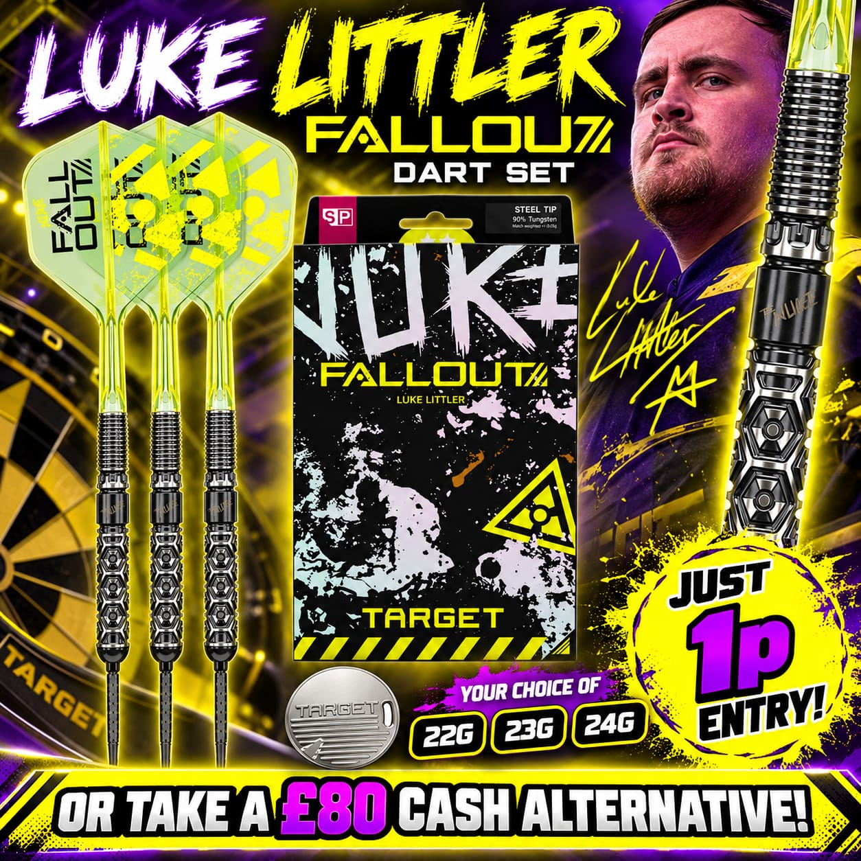 Auto Draw – Target Luke Littler Fallout 90& Tungsten Steel Tip Dart Set – 22g, 23g Or 24g