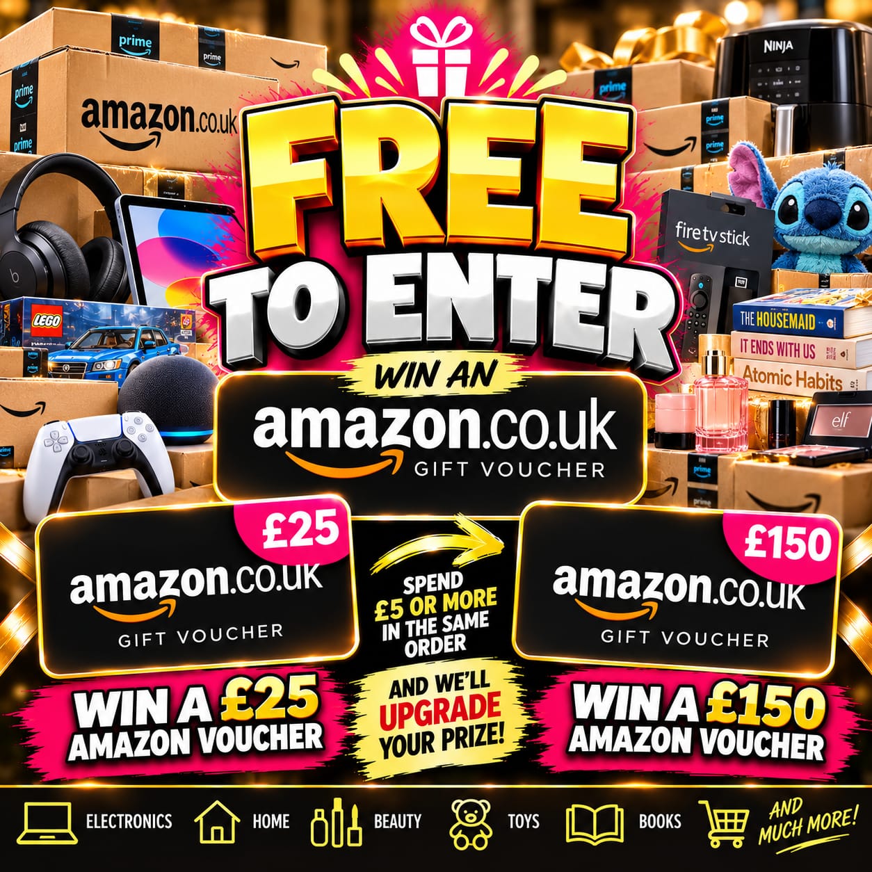 FREE TO ENTER – £25 Amazon Voucher | Spend £5+ To Upgrade To A £150 Amazon Voucher!!!